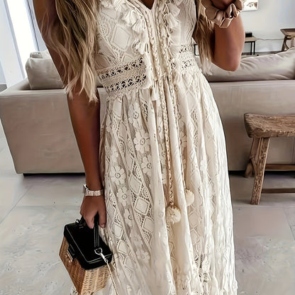 Damen Boho Maxikleid mit Spitze und V-Ausschnitt – Elegantes Sommerkleid für besondere Anlässe