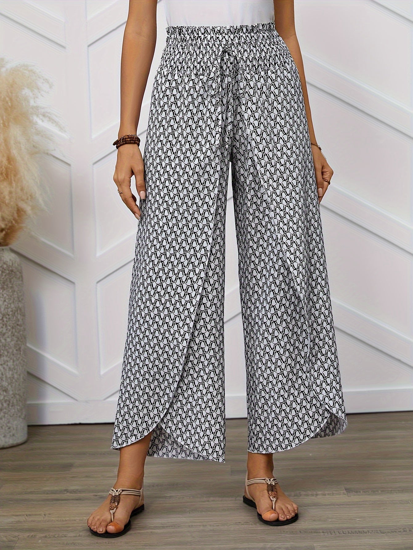 Damen Weite Bein Hose mit geometrischem Muster – Eleganter Sommer-Look für Freizeit und Alltag