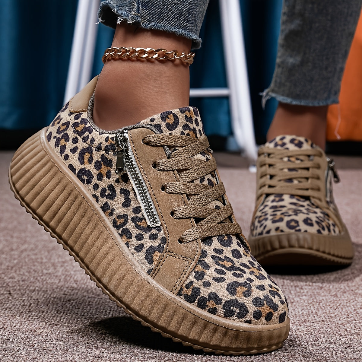 Damen Plateausneaker mit Leopardenmuster und Reißverschluss – Modische Freizeitschuhe für Alltag und Streetstyle