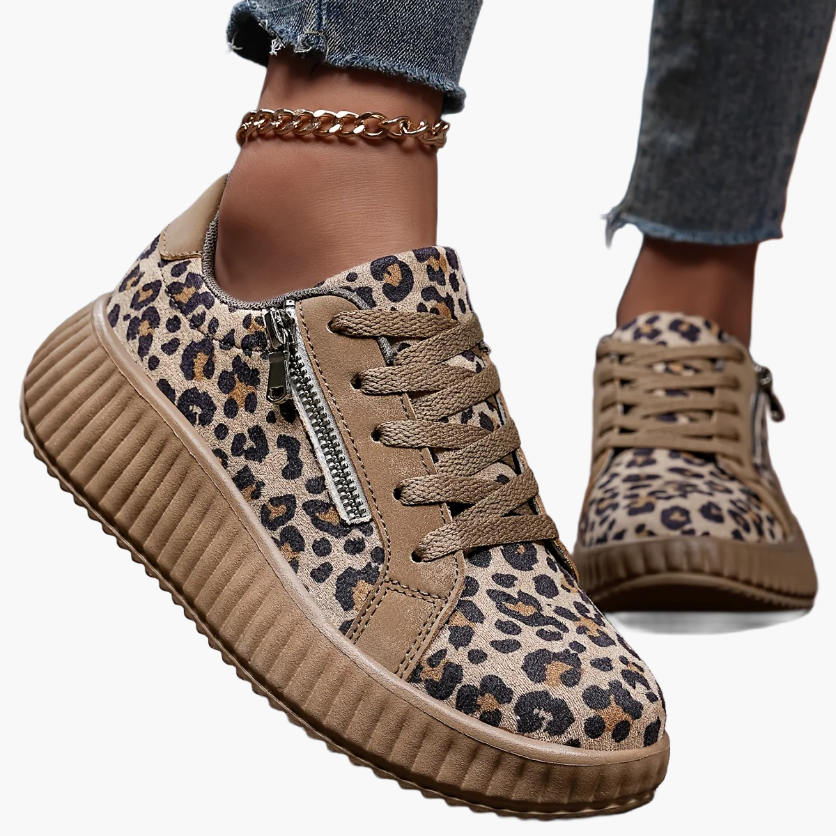 Damen Plateausneaker mit Leopardenmuster und Reißverschluss – Modische Freizeitschuhe für Alltag und Streetstyle