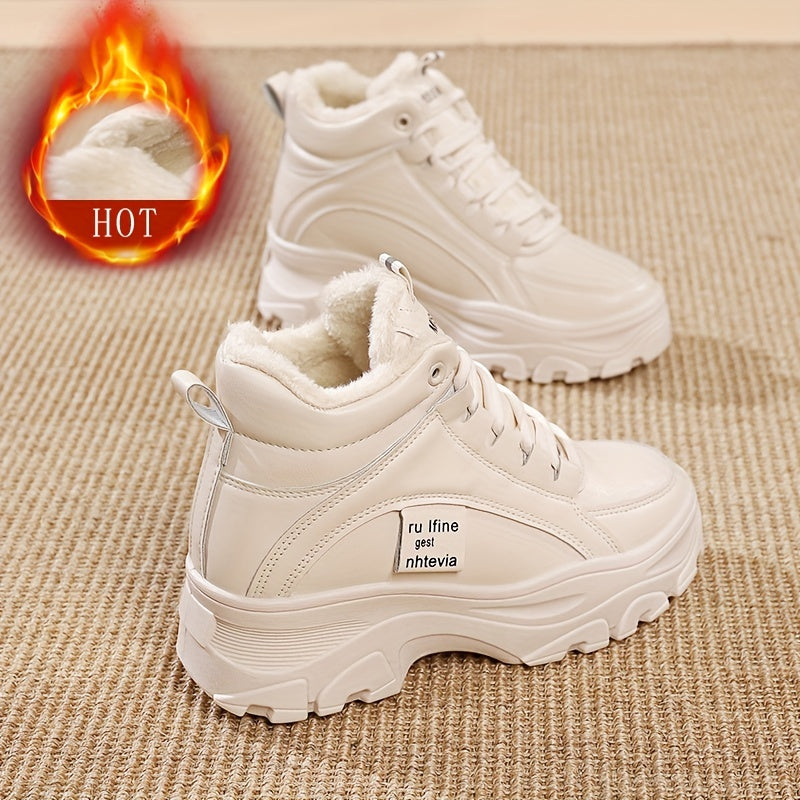 Damen Plateau Sneaker Stiefel Winter Weiß Beige Gefüttert Hoch Profilsohle