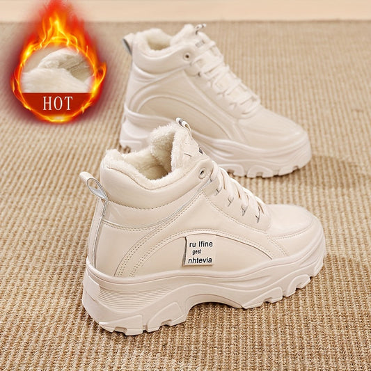 Damen Plateau Sneaker Stiefel Winter Weiß Beige Gefüttert Hoch Profilsohle
