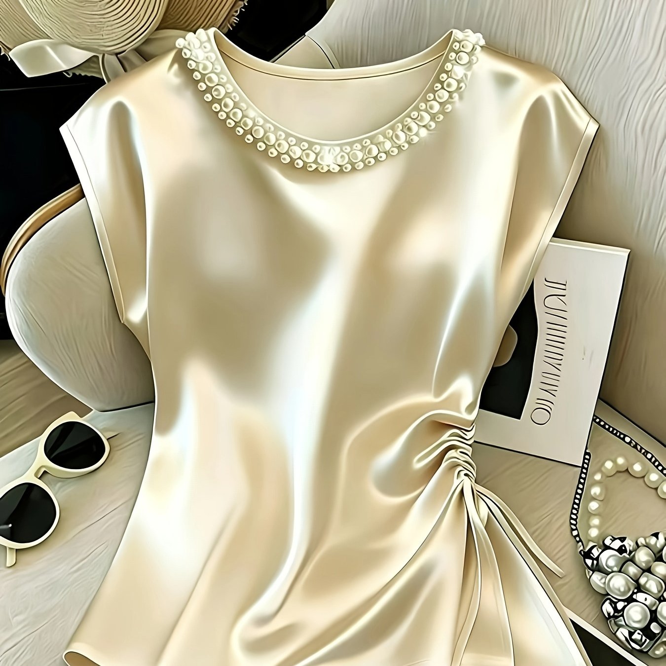 Damen Elegante Bluse mit Perlenkragen und Raffungsdetail – Stilvolles Kurzarm-Oberteil für festliche Anlässe oder Büro