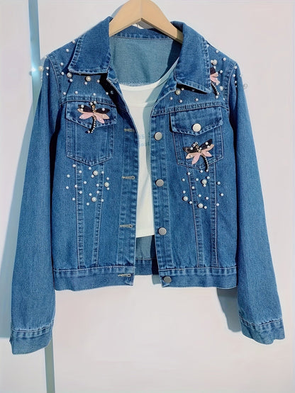 Damen Jeansjacke Dunkelblau mit Perlen und Stickerei
