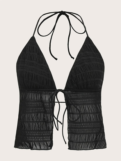 Damen Halterneck Top mit Raffungen und Bindeband – Modisches Party- und Ausgehtop
