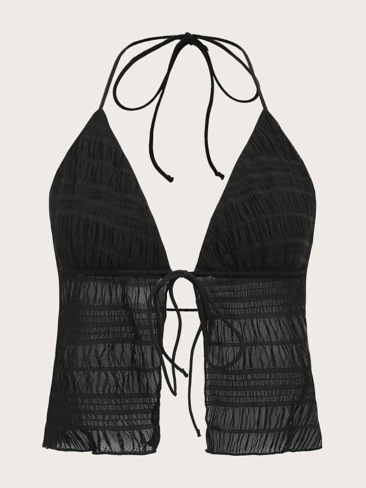 Damen Halterneck Top mit Raffungen und Bindeband – Modisches Party- und Ausgehtop
