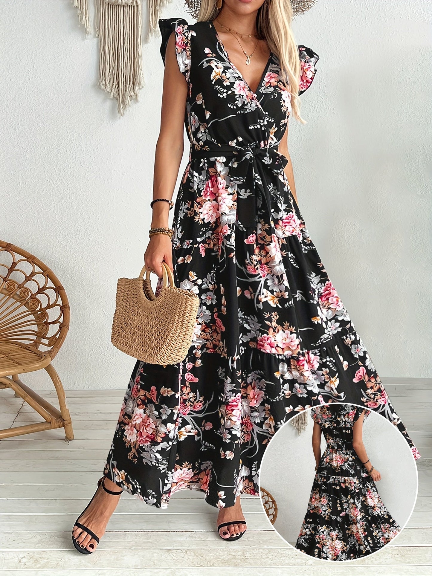Damen Maxikleid mit Blumendruck und Gürtel – Elegantes Sommerkleid im Boho-Stil für Urlaub und Freizeit