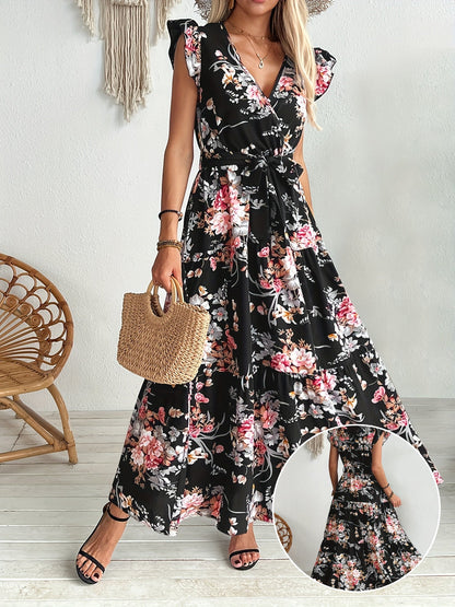 Damen Maxikleid mit Blumendruck und Gürtel – Elegantes Sommerkleid im Boho-Stil für Urlaub und Freizeit