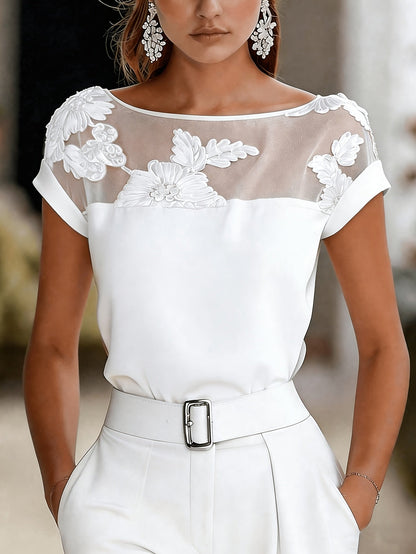 Damen Elegante Bluse mit Floraler Stickerei und Illusion-Ausschnitt – Stilvolle Fest- und Büro-Mode