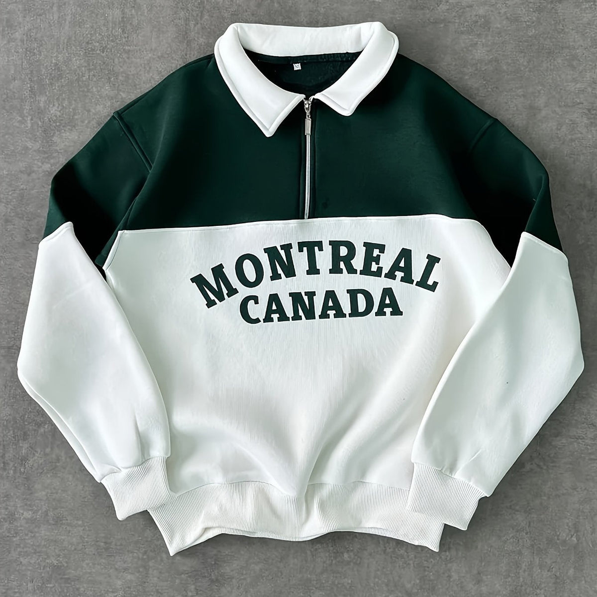 Unisex Polo-Sweatshirt mit halbem Reißverschluss, zweifarbig, "Montreal Canada" Schriftzug, Grün/Weiß