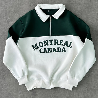 Unisex Polo-Sweatshirt mit halbem Reißverschluss, zweifarbig, "Montreal Canada" Schriftzug, Grün/Weiß