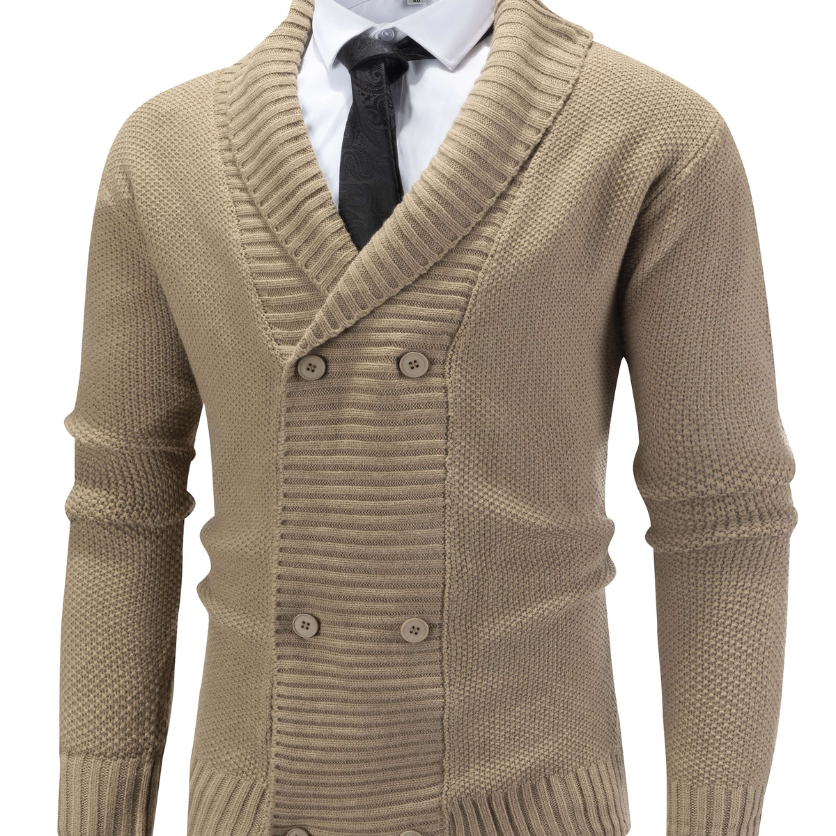 Herren Strickjacke Beige Zweireiher Schalkragen Strick Cardigan