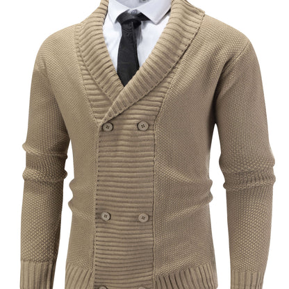 Herren Strickjacke Beige Zweireiher Schalkragen Strick Cardigan