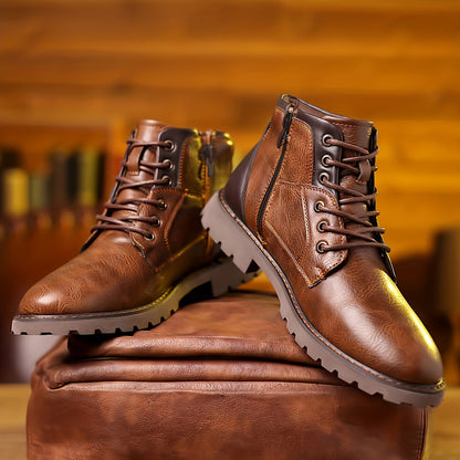 Herren Stiefel Braun Schnürsenkel Reißverschluss Profilsohle