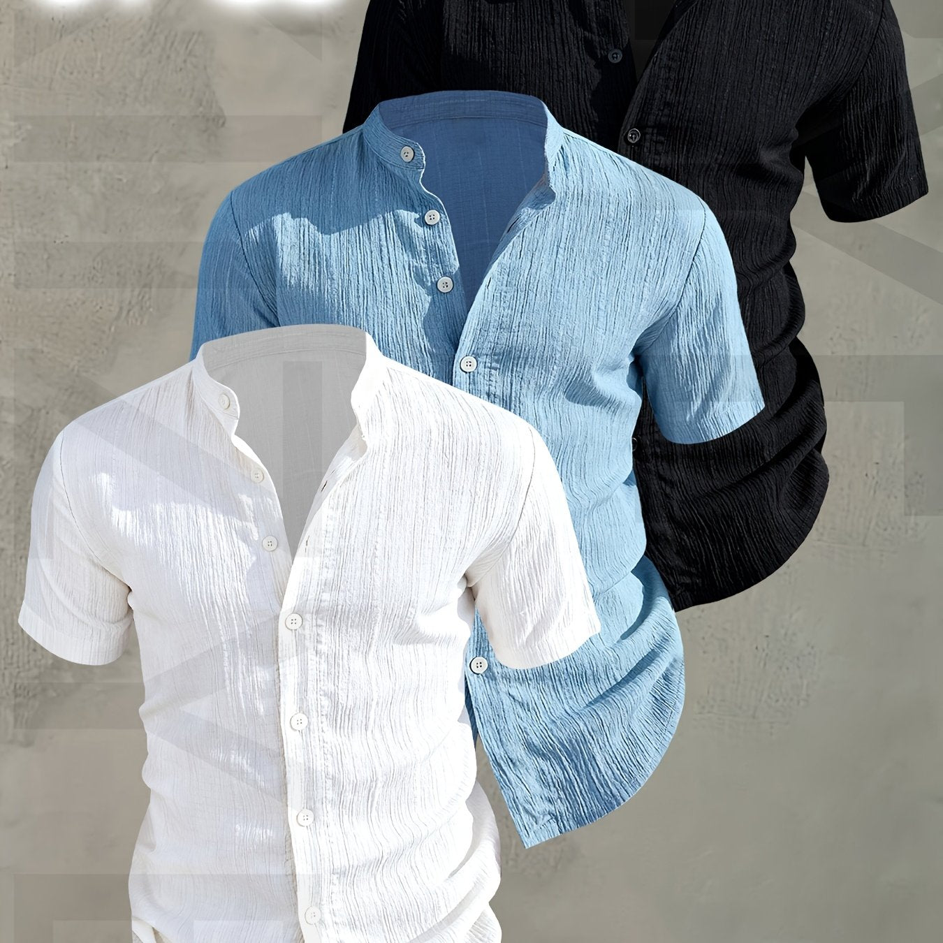 Herren 3er-Pack Stehkragen Hemden – Modischer Freizeit Look, Kurzarm, Knopfleiste