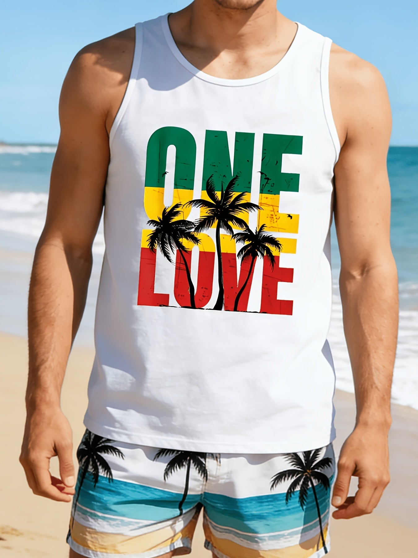 Herren Tanktop mit One Love Print und Palmen Grafik – Reggae Style für Strand und Freizeit