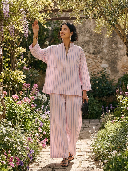 Damen Schlafanzugset Rosa mit Streifen Halbzip-Oberteil und weiter Hose