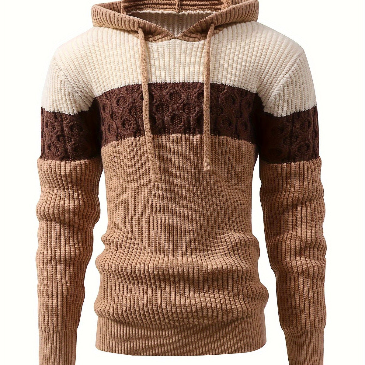 Hoodie Herren gestreift mit Kapuze und Kordelzug, Strickpullover Braun Beige Elfenbein gemustert