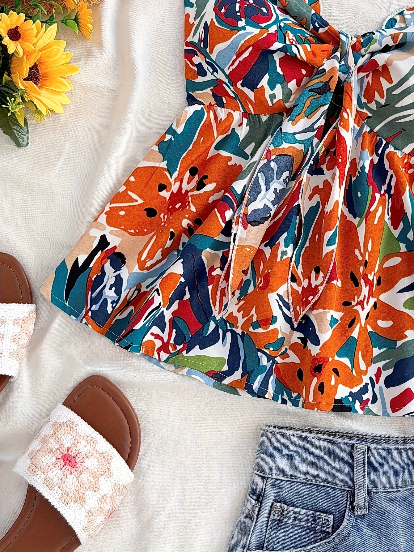 Damen Bandeau Crop Top mit Knotendetail und Blumenmuster – Sommerliches Freizeit- und Strand-Outfit