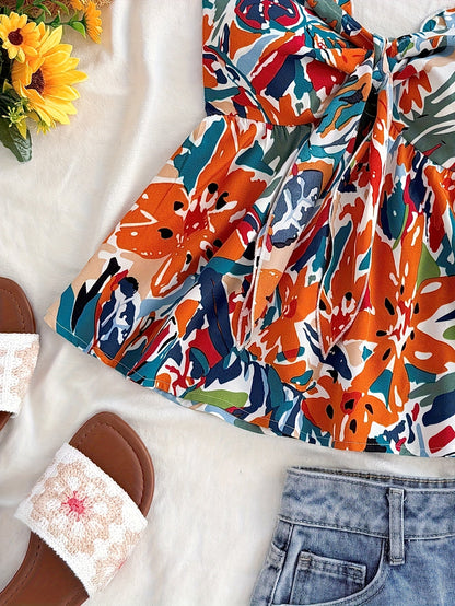 Damen Bandeau Crop Top mit Knotendetail und Blumenmuster – Sommerliches Freizeit- und Strand-Outfit