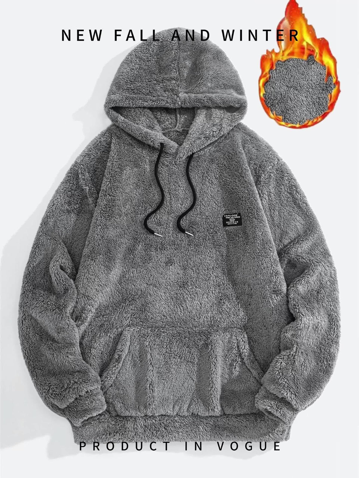 Teddy Fleece Kapuzenpullover für Herren mit Kängurutasche und Kordelzug, flauschiger Hoodie