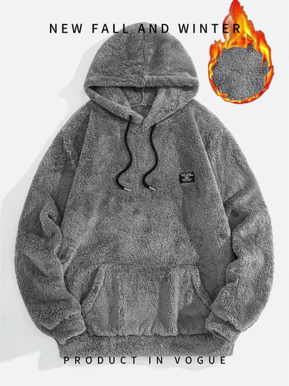 Teddy Fleece Kapuzenpullover für Herren mit Kängurutasche und Kordelzug, flauschiger Hoodie