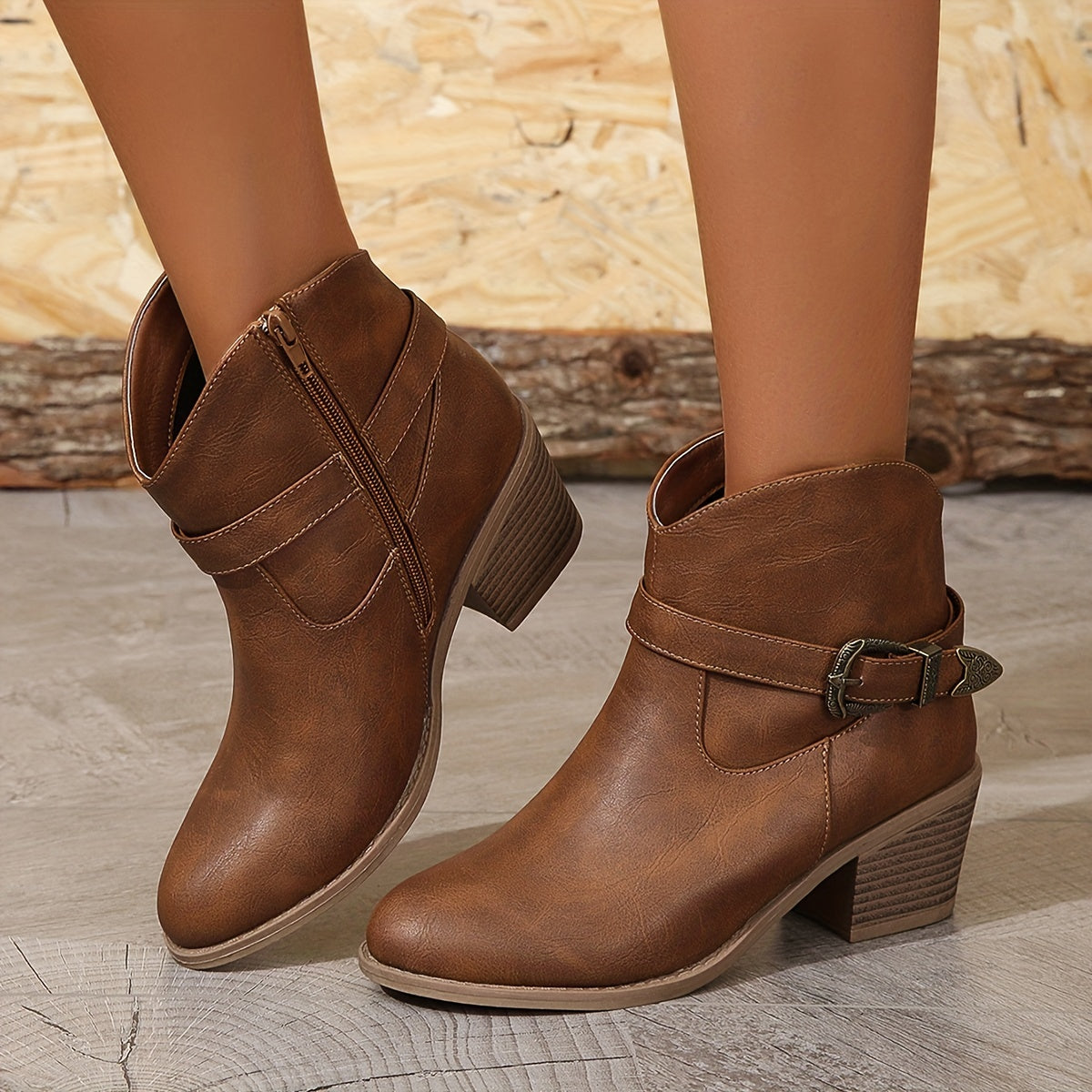 Damen Stiefelette mit Schnalle & Blockabsatz, Braun