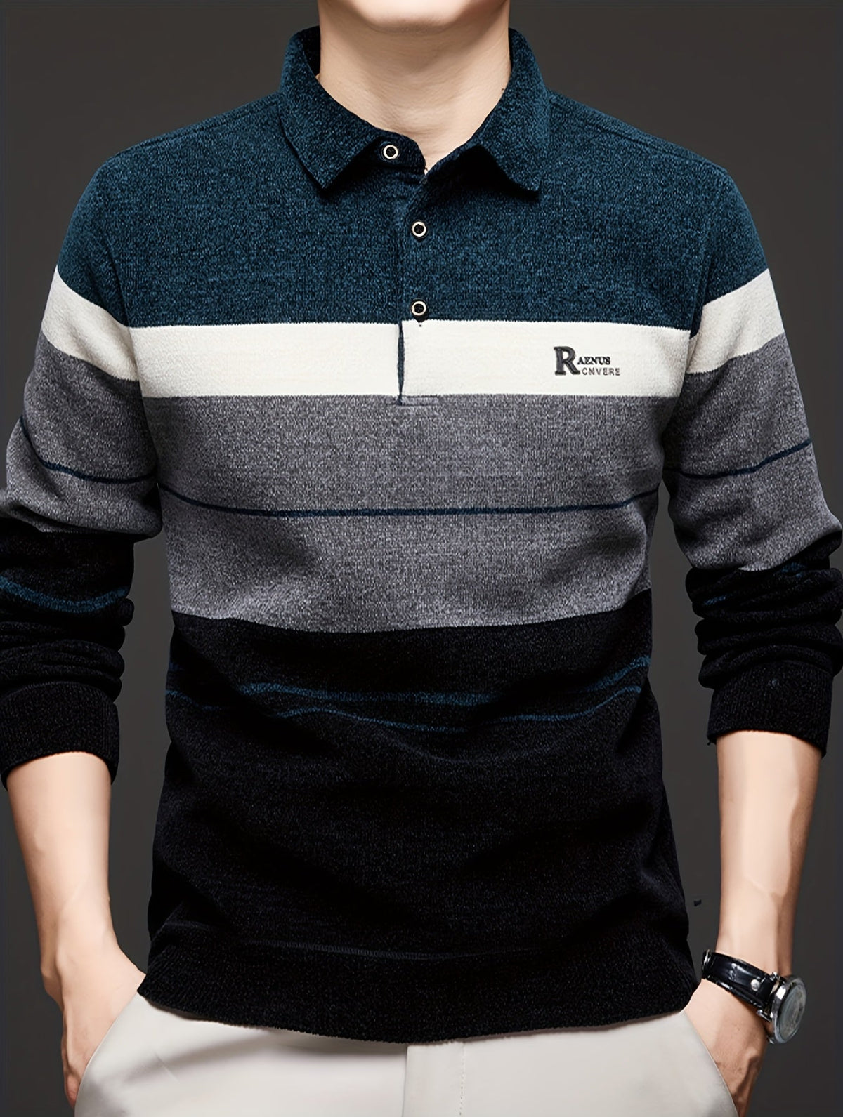 Herren Winter Polo-Pullover mit Kragen, gestreiftes Design und warmem Innenfutter