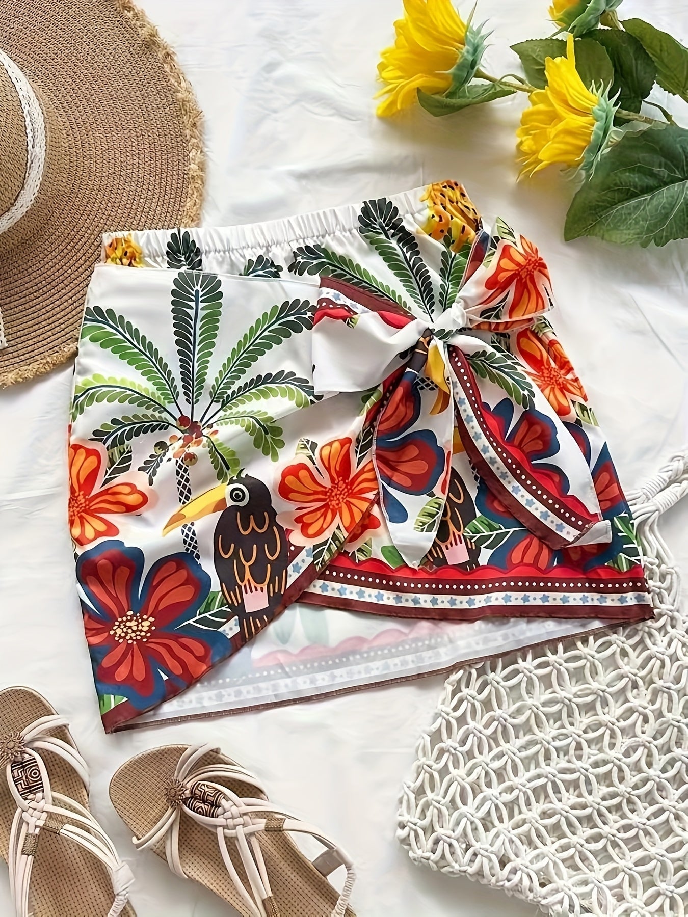 Damen Mini Strandrock mit tropischem Muster und Schleifen-Detail – Perfekt als Badebekleidungs-Überwurf