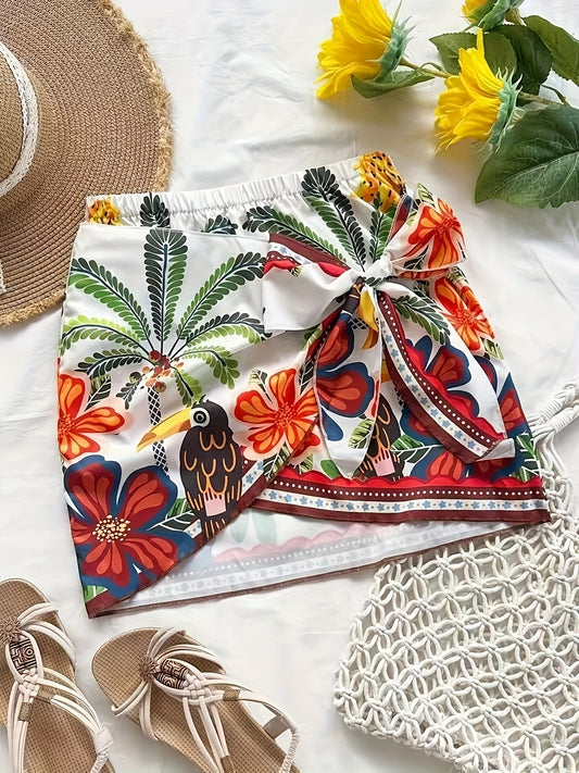 Damen Mini Strandrock mit tropischem Muster und Schleifen-Detail – Perfekt als Badebekleidungs-Überwurf