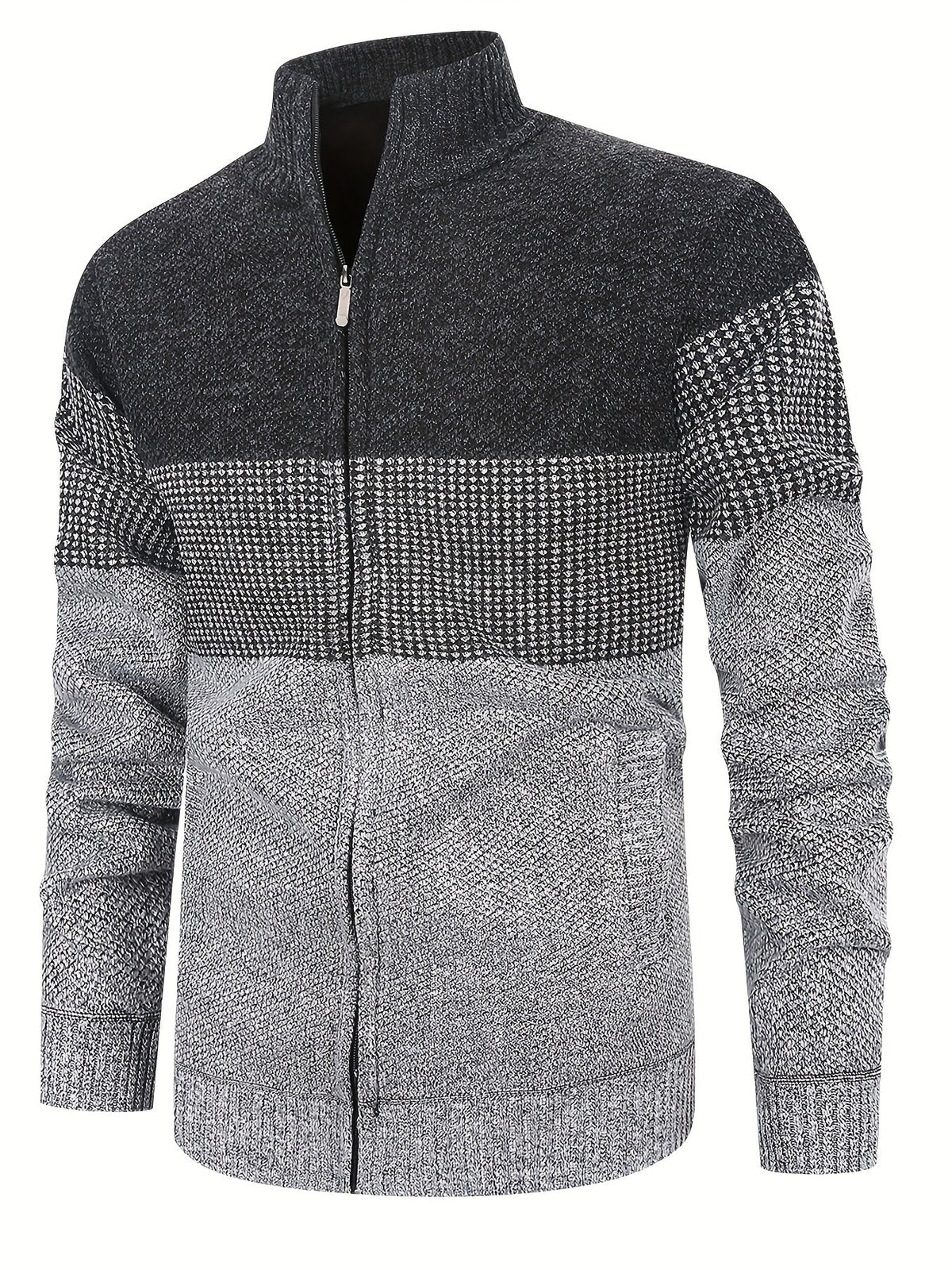 Herren Strickjacke Reißverschluss Stehkragen Melange Grau