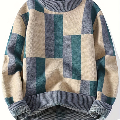 Unisex Rollkragenpullover mit geometrischem Muster – Blockmuster Strickpullover