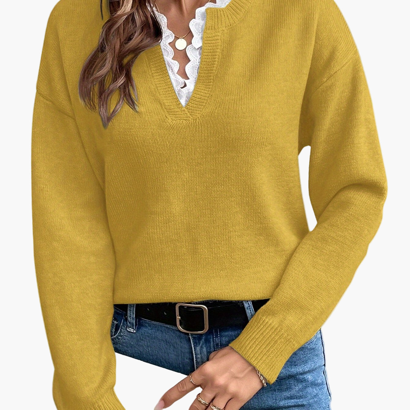 Damen Pullover Elegant mit V-Ausschnitt und Spitzenbesatz – Lockerer Strickpullover für Herbst und Winter