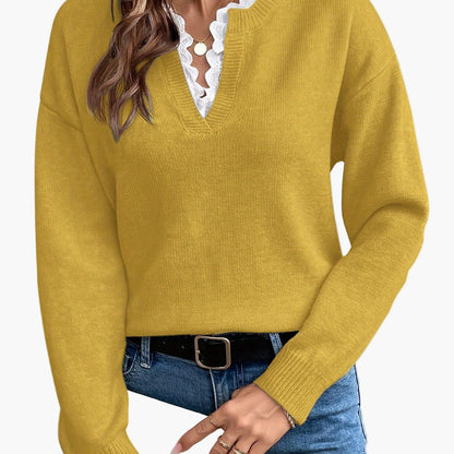 Damen Pullover Elegant mit V-Ausschnitt und Spitzenbesatz – Lockerer Strickpullover für Herbst und Winter