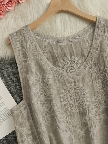 Damen Boho Stickerei Top mit Blumenmuster und Spitzenkante – Ärmelloses Sommer Tanktop für Freizeit und besondere Anlässe