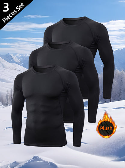 Herren Langarm Thermo Unterhemd Kompressionsshirt Rundhals Schwarz 3er-Set