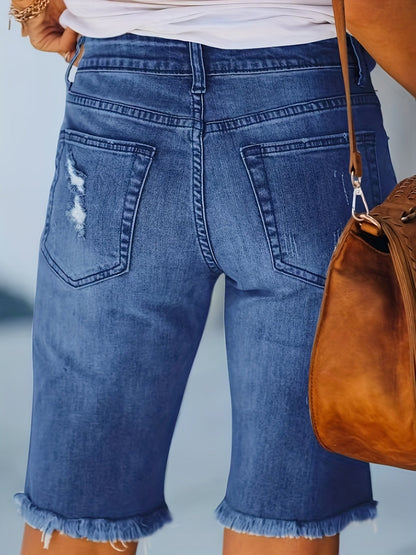 Damen Bermuda Jeans Shorts im Used-Look mit Fransen und Rissen – Lässige Sommermode