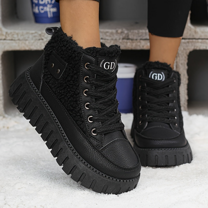 Damen Winter Plateaustiefel mit Teddyfutter, Schnürsenkel und Profilsohle