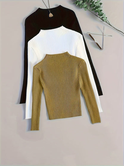 Damen Geripptes Langarm-Top mit Stehkragen, Stretch-Rippstrick-Pullover in verschiedenen Farben