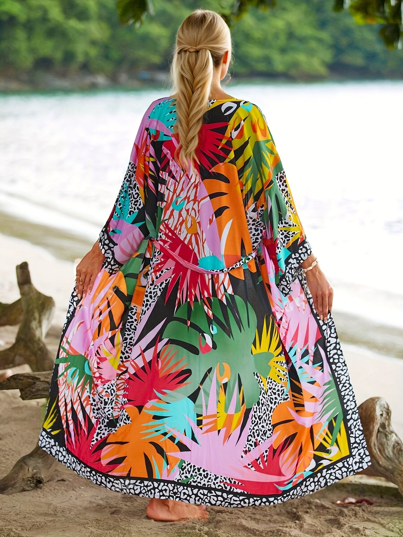 Damen Kimono Strandkleid – Langer, gemusterter Überwurf für Urlaub und Resort