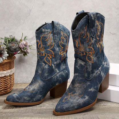Cowboy Stiefel mit Absatz für Damen, Spitzer Zeh, Besticktes Obermaterial in Denim-Optik