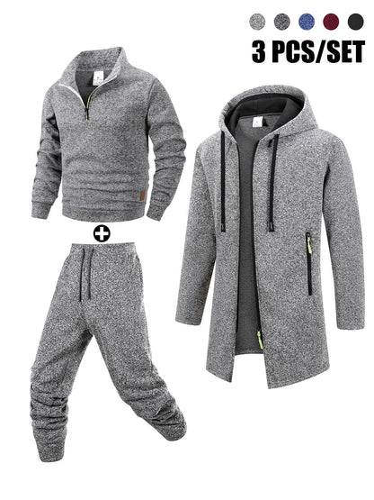 Herren 3-teiliges Sport Freizeit Set meliert: Pullover, Jogginghose & langer Cardigan mit Kapuze