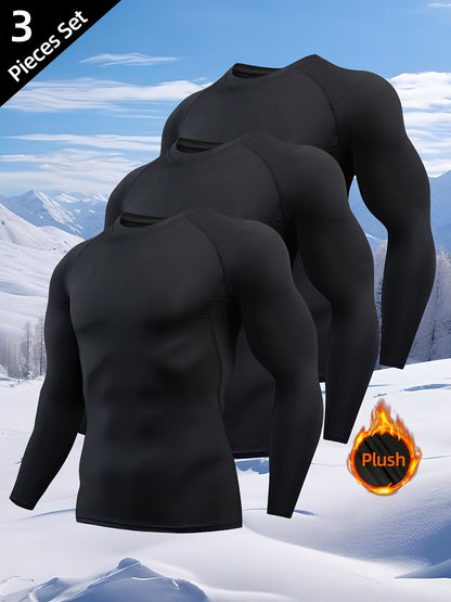 Herren Langarm Thermo Unterhemd Kompressionsshirt Rundhals Schwarz 3er-Set