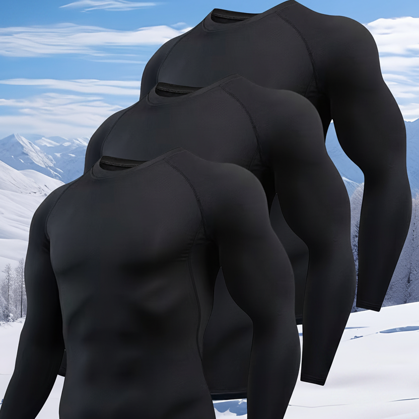 Herren Langarm Thermo Unterhemd Kompressionsshirt Rundhals Schwarz 3er-Set