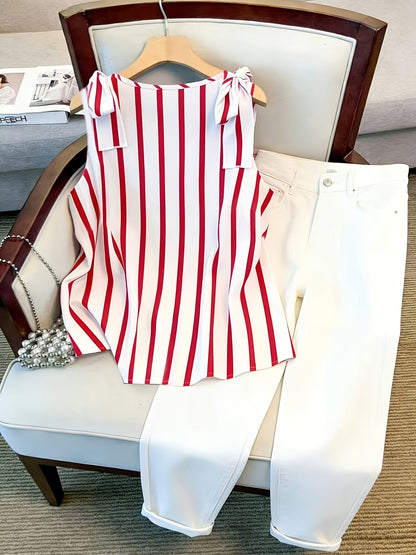 Damen Blusentop mit Streifen und Knopfleiste – Eleganter Sommer-Style für Büro & Freizeit