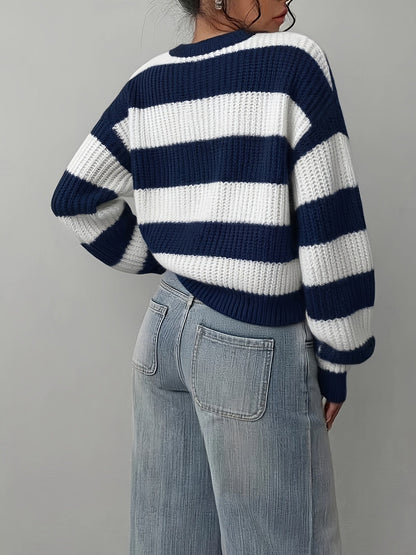 Damen Strickpullover Gestreift Schwarz Weiß Rundhals Oversize Ärmel