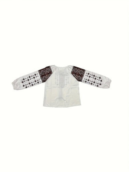 Damen Bluse mit Stickerei Weiß Rote Ethno-Muster Lange Ärmel