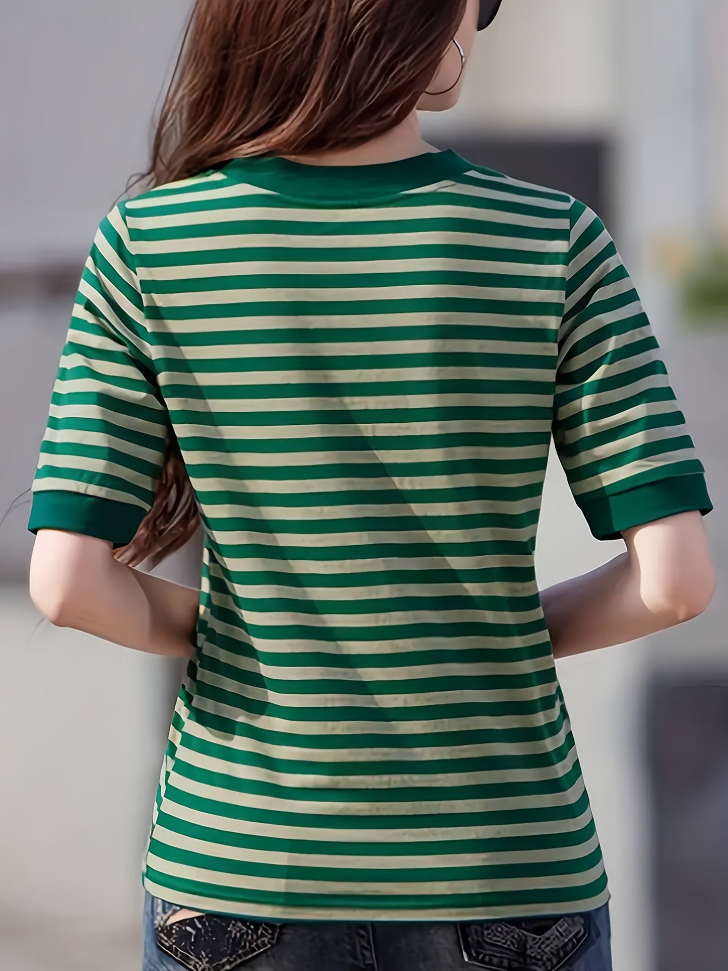 Damen Streifen T-Shirt mit V-Ausschnitt, Kurzarm, Modischer Freizeitstil