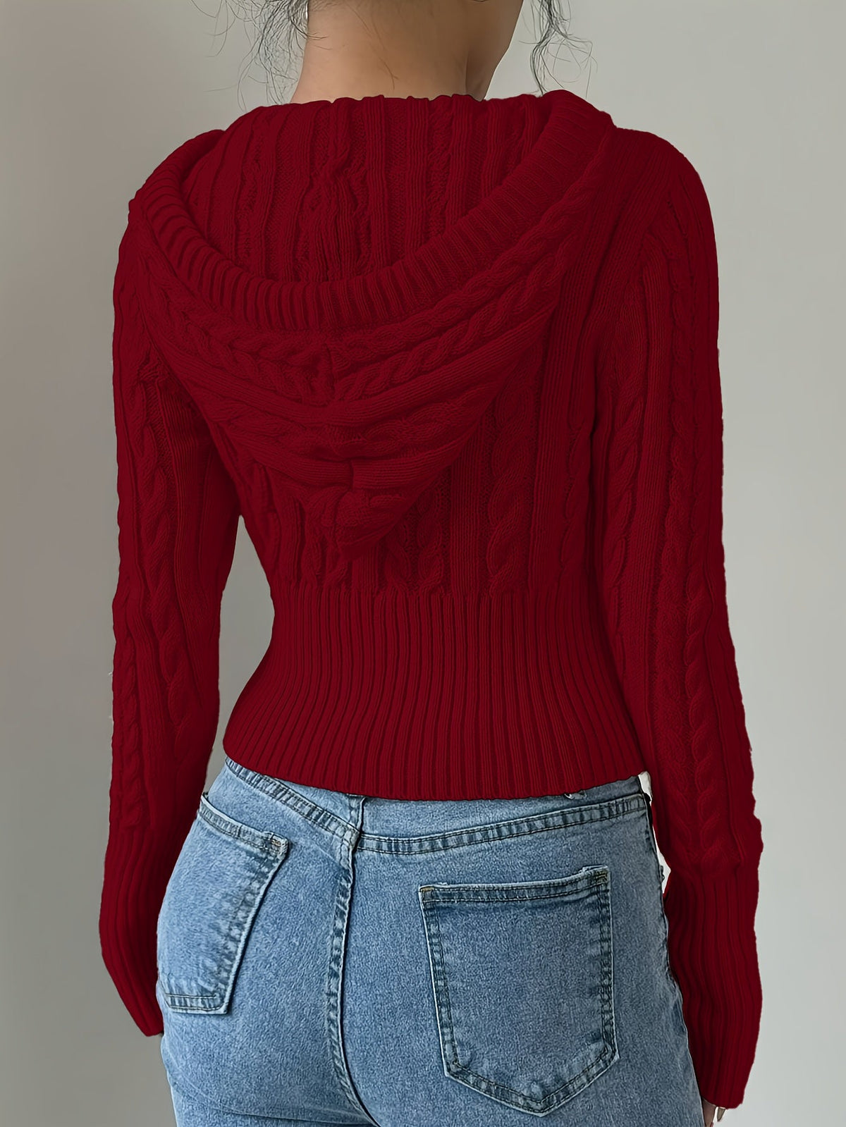 Damen Strick Hoodie mit Zopfmuster & Reißverschluss, bauchfrei