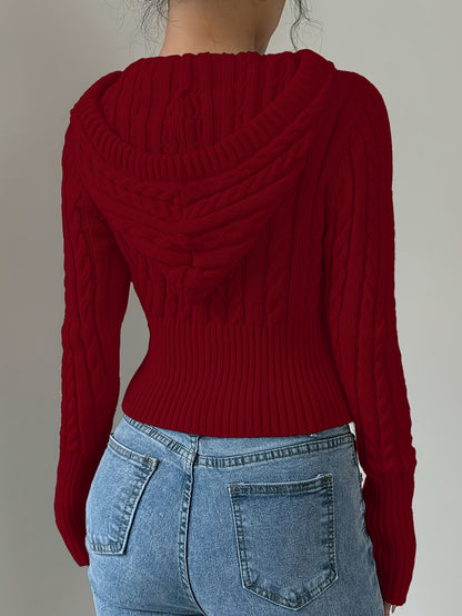 Damen Strick Hoodie mit Zopfmuster & Reißverschluss, bauchfrei